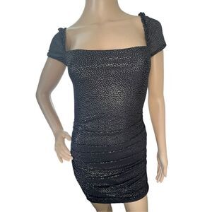 Lucy In The Sky Black Square Neckline Sparkly Ruched Fitted Mini Dress